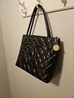 CHANEL Quilted Silver Medallion Tote - Black Patent Leather Tote Bag
