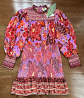 Farm Rio Sweet Floral Mini Dress Lilac long puff sleeves smocked size L $245 NWT