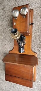 Antique Wall Mount Wooden Box Hand Crank Telephone