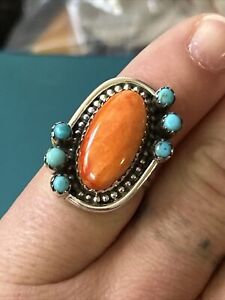 STERLING SILVER NATIVE AMERICAN SW KINGMAN TURQUOISE SPINY OYSTER RING SZ 7.5