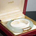 MING'S HAWAII 14K YELLOW PALE GREEN THICK HINGED JADE BANGLE BRACELET SIGNED