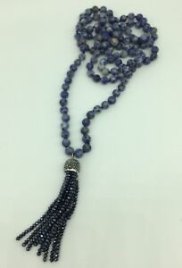 8mm Long Knotted Blue sodalite Beads Crystal Tassel Necklace woman Handmade gift