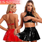 US Women's Wet Look Leather Outfits Halter Crop Top with Miniskirt Lingerie Sets