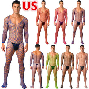 US Mens Fishnet Bodysuit Sexy Bodystockings Sissy Hollow Out Lingerie Jumpsuit