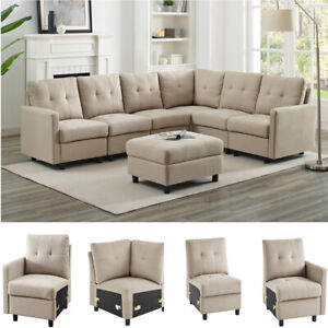 Sectional Sofa Set Modern Linen Fabric with Reversible Chaise L-Shaped Couch 1-7