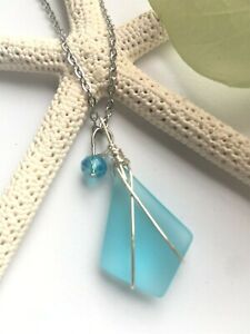Sea Glass Necklace Jewelry w Aqua Blue Diamond Shape Pendant Silver Wire Wrapped