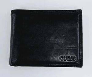 Guess Black Genuine Leather Wallet Embossed Logo Bi Fold Men's