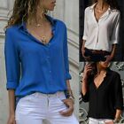 Womens V Neck Turn-down Collar T Shirts Ladies Long Sleeve Solid Tops Blouse OL