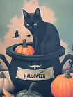 Black Cat Halloween Pumpkin Witches Brew Print on Canvas 12.75 X 15.75