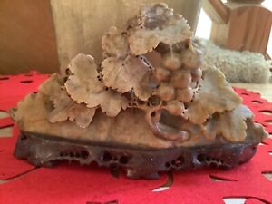 New ListingAntique Grapes/leaves Hand Carved Soapstone Sculpture on Stand Asian Chinese