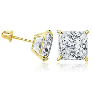 14K Solid Yellow Gold Square Princess Cubic Zirconia Screw Back Stud Earrings