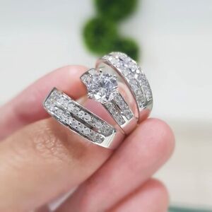 Diamond Lab Created White Gold Plated His/Her Bridal Band Wedding Trio Ring Set