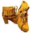 Liliana Fringed Lace Up Ankle Bootie Chunky Heel Size 7 Light Brown Faux Suede