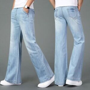 Retro Mens Bell Bottom Denim Pants Slim Fit Jeans Flared Straight-Legs Trousers