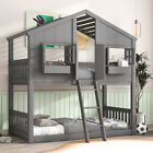Twin Over Twin House Bunk Bed with Roof, Window, Window Box, Door with Ladder
