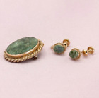 Vintage 12K GF Gold Filled Green Jade Earrings Brooch Pendant for Necklace Set