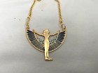 Egyptian Gold Plated Metal Winged Isis Blue Necklace Chain 1.75