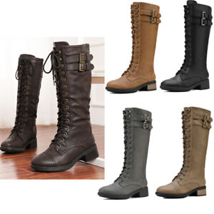 Women Knee High Riding Boots Low Heel Lace Up Side Zipper Military Combat Boots