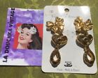 FRENCH DESIGNER JACKY DE G 1980s DANGLING EARRINGS~BOW/HEART~GOLD/PURPLE~NEW&TAG