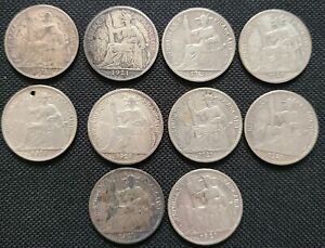LOT OF 10 SILVER 1921 INDOCHINA 20 CENT COINS