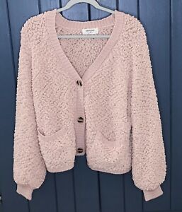 Zenana Pale Pink Sherpa Cropped Cardigan Sweater Size Large Cottagecore
