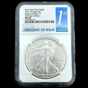 2021 W Burnished Silver Eagle Fine MS70 Eagle Landing Type 2 White Label Coin