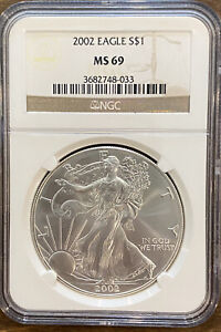 2002 American Silver Eagle NGC MS 69, .999 Fine Ounce Silver Coin, 923