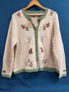 Vintage Orvis Cream/Green Knit Embroidered Floral Cardigan Sweater Sz XL