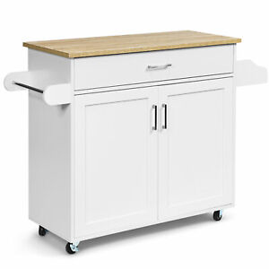 Costway Rolling Kitchen Island Cart Storage Cabinet w/ Towel & Spice Rack White