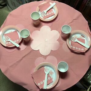 My Twinn Melamine Pink Flowered Table Top SET Bowls Glasses Placemats Tablecloth