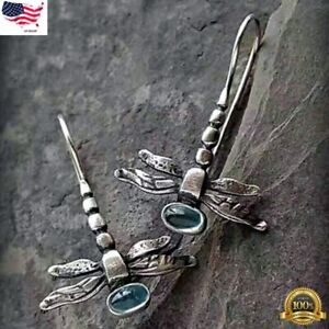 925 Silver Plated Dragonfly Moonstone Hook Dangle Earrings Jewelry Simulated
