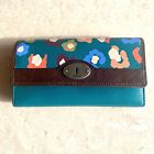FOSSIL Maddox Teal Floral Leather Credit Card Wallet Clutch Trifold