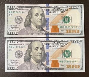 Lot of 2 Consecutive Serial Numbers $100 Dollar Bills 2017 UNCIRCULATED Rare