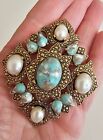 Vintage Sarah Coventry Brooch Pin Faux Pearls Turquoise Color
