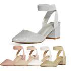 Women Elastic Ankle Strap Pointed Toe Low Chunky Block Heel Pump Shoes