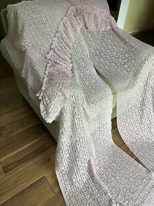 Pair of Vintage Pink Lace Window Curtain Panels Drapes with Built-In Valance 80”