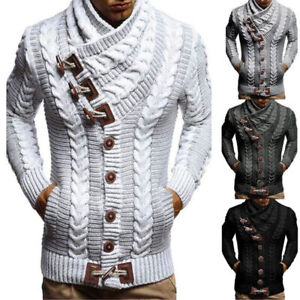 Men Chunky Cardigan Knitted Sweater Button Jumper Pullover Warm Coat Jacket Tops
