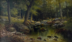 FRANCIS WHEATON ANTIQUE SIGNED ORIG OIL PAINTING LANDSCAPE “A FOREST POOL”