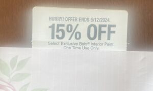 Home Depot Coupon 15% OFF Behr Interior Paint Purchase Max discount $200 5/12/24