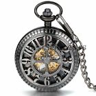 Men Vintage Black Cross Hallow Mechanical Skeleton Steampunk Pocket Watch Windup