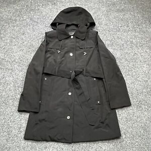 London Fog Jacket Women's Size Small Black Coat Long Trench Hooded Belted
