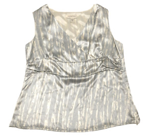 Amanda Smith Size 12 100% Silk Blouse Sleeveless V Neck Empire Waist Blue Ivory