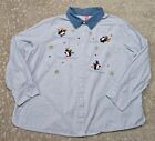 Vintage Y2K Holiday Top Womens Plus SIZE 3X Blue Penguin Embroidered Button Up