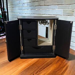 LARGE JEWELRY BOX with doors & drawers  Black Wood