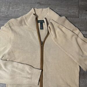 Vintage Ralph Lauren Full Zip Sweater Tan Cardigan Canvas Pockets Suede Large