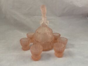 vintage glass decanter set pink frost woman czech