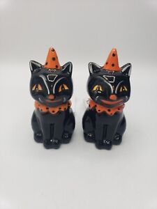 Johanna Parker Halloween BLACK CATS Ceramic Salt & Pepper Shakers, NEW