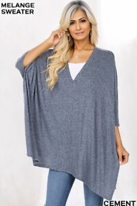 New Zenana Outfitters Women's Pancho Sweater Oversized V-Neck Blue Gray Color 1X