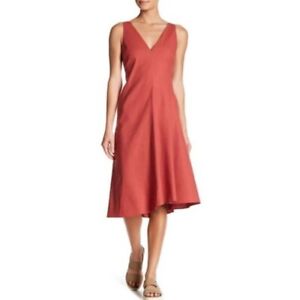 Theory Women's Sz 10 Tadayon Double V-Neck Linen Dress Carmine Coral $345