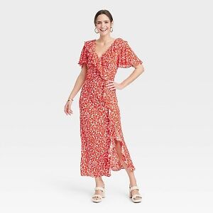 Women's Ruffle Short Sleeve Maxi Dress - A New Day Red Floral L